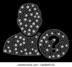 Flare mesh user question with glare effect. Abstract illuminated model of user question icon. Shiny wire carcass polygonal mesh user question. Vector abstraction on a black background.