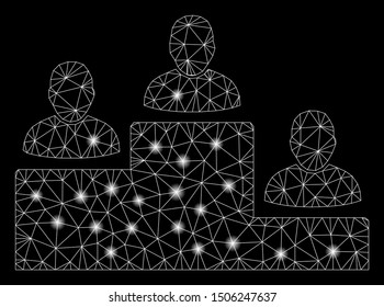 Flare mesh user rating levels with glitter effect. Abstract illuminated model of user rating levels icon. Shiny wire frame triangular mesh user rating levels. Vector abstraction on a black background.