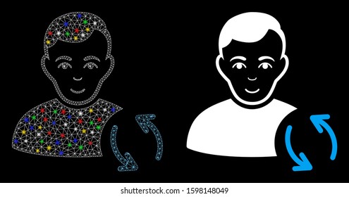 Flare mesh user refresh icon with lightspot effect. Abstract illuminated model of user refresh. Shiny wire carcass triangular mesh user refresh icon. Vector abstraction on a black background.
