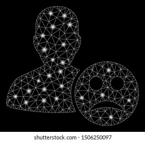 Flare mesh user sad smiley with glare effect. Abstract illuminated model of user sad smiley icon. Shiny wire carcass triangular mesh user sad smiley. Vector abstraction on a black background.