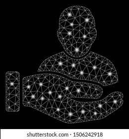 Flare mesh user support hand with lightspot effect. Abstract illuminated model of user support hand icon. Shiny wire frame triangular network user support hand.