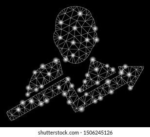 Flare mesh user trend with glare effect. Abstract illuminated model of user trend icon. Shiny wire frame triangular mesh user trend. Vector abstraction on a black background.