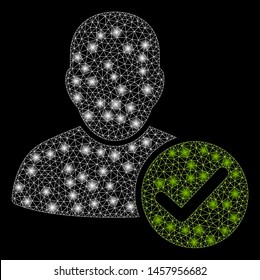 Flare mesh user valid with glare effect. Abstract illuminated model of user valid icon. Shiny wire frame triangular mesh user valid. Vector abstraction on a black background.