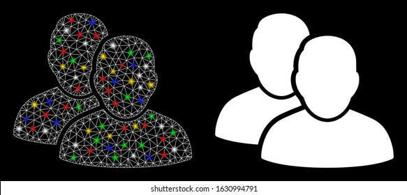 Flare mesh users icon with sparkle effect. Abstract illuminated model of users. Shiny wire carcass polygonal mesh users icon. Vector abstraction on a black background.