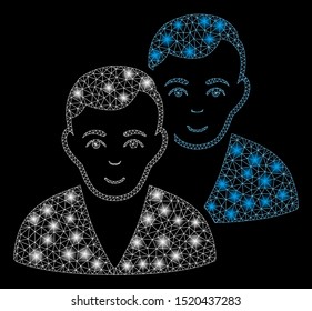 Flare mesh users with sparkle effect. Abstract illuminated model of users icon. Shiny wire frame triangular mesh users. Vector abstraction on a black background.