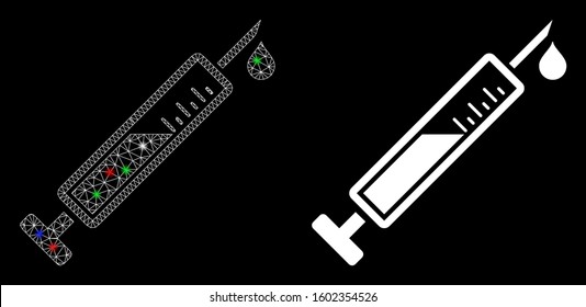 Flare mesh vaccine icon with glare effect. Abstract illuminated model of vaccine. Shiny wire frame polygonal mesh vaccine icon. Vector abstraction on a black background.