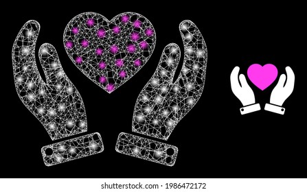 Flare mesh valentine heart care hands with lightspots. Wire frame 2D network generated with crossing white lines and valentine heart care hands icon.