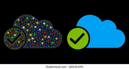 Flare mesh valid cloud icon with glow effect. Abstract illuminated model of valid cloud. Shiny wire frame triangular mesh valid cloud icon. Vector abstraction on a black background.