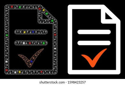 Flare mesh valid document icon with glitter effect. Abstract illuminated model of valid document. Shiny wire frame triangular mesh valid document icon. Vector abstraction on a black background.