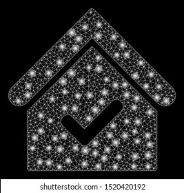 Flare mesh valid house with glitter effect. Abstract illuminated model of valid house icon. Shiny wire carcass triangular mesh valid house. Vector abstraction on a black background.