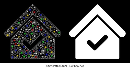 Flare mesh valid house icon with glare effect. Abstract illuminated model of valid house. Shiny wire frame triangular mesh valid house icon. Vector abstraction on a black background.
