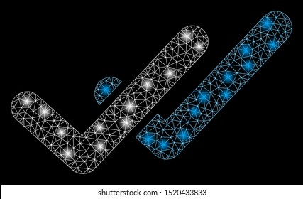 Flare Mesh Validation With Glare Effect. Abstract Illuminated Model Of Validation Icon. Shiny Wire Frame Triangular Mesh Validation. Vector Abstraction On A Black Background.