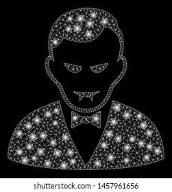 Flare mesh vampire with glow effect. Abstract illuminated model of vampire icon. Shiny wire carcass polygonal mesh vampire. Vector abstraction on a black background.
