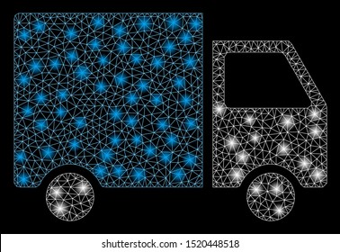 Flare mesh van with glow effect. Abstract illuminated model of van icon. Shiny wire carcass triangular mesh van. Vector abstraction on a black background.