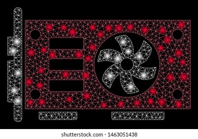 Flare mesh video graphics GPU card with glitter effect. Abstract illuminated model of video graphics GPU card icon. Shiny wire frame polygonal mesh video graphics GPU card.