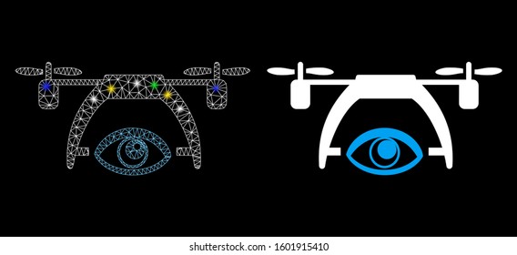 Flare mesh video spy drone icon with sparkle effect. Abstract illuminated model of video spy drone. Shiny wire carcass polygonal mesh video spy drone icon. Vector abstraction on a black background.