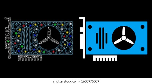 Flare mesh videocard icon with sparkle effect. Abstract illuminated model of videocard. Shiny wire frame polygonal mesh videocard icon. Vector abstraction on a black background.
