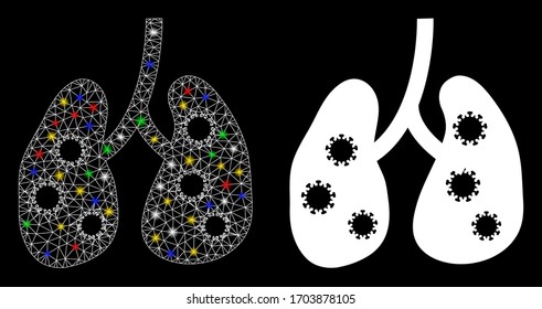 Flare mesh viral pneumonia with lightspot effect. Abstract illuminated model of viral pneumonia icon. White wire frame polygonal mesh viral pneumonia and base icon.