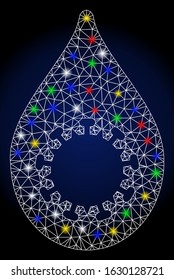 Flare mesh virus drop with glare effect. Abstract illuminated model of virus drop. Shiny wire frame triangular mesh virus drop icon. Vector abstraction on a dark blue gradient background.