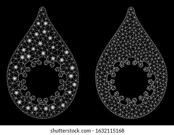 Flare mesh virus drop with sparkle effect. Abstract illuminated model of virus drop icon. Shiny wire carcass triangular mesh virus drop icon. Vector abstraction on a black background.