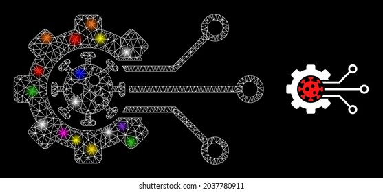 Flare mesh virus engineering constellation icon with lightspots. Illuminated vector constellation based on virus engineering picture. Sparkle frame mesh virus engineering on a black background.