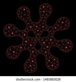 Flare mesh virus with glare effect. Abstract illuminated model of virus icon. Shiny wire carcass polygonal mesh virus. Vector abstraction on a black background.