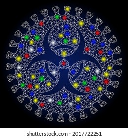 Die Gefahr eines unsichtbaren Maschen-Virus mit glatterer Wirkung. Abstraktes, illuminiertes Vektormodell des Virus-Hazard-Symbols auf dunkelblauem Hintergrund. Gefahr durch polygonales Maschen-Virus des weißen Drahtrahmens.