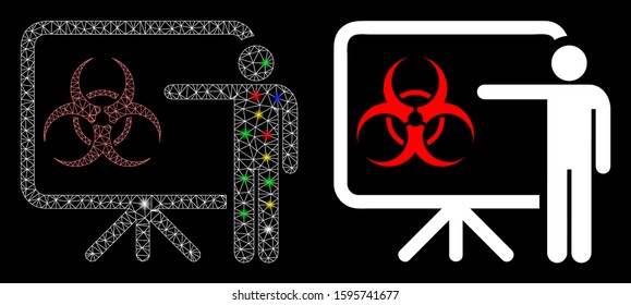 Flare mesh virus presentation board icon with glitter effect. Abstract illuminated model of virus presentation board. Shiny wire frame triangular network virus presentation board icon.