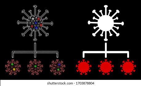 Flare mesh virus replication with glare effect. Abstract illuminated model of virus replication icon. White wire carcass triangular mesh virus replication and base icon.