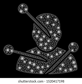 Flare mesh voodoo needles with glare effect. Abstract illuminated model of voodoo needles icon. Shiny wire frame polygonal mesh voodoo needles. Vector abstraction on a black background.