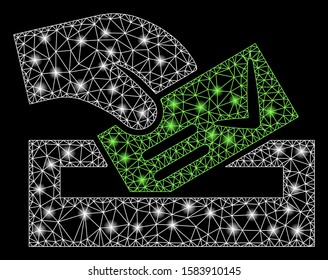 Flare mesh vote here with lightspot effect. Abstract illuminated model of vote here icon. Shiny wire carcass triangular mesh vote here. Vector abstraction on a black background.