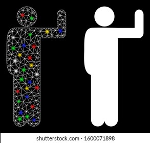 Flare mesh vote pose icon with glow effect. Abstract illuminated model of vote pose. Shiny wire frame triangular mesh vote pose icon. Vector abstraction on a black background.