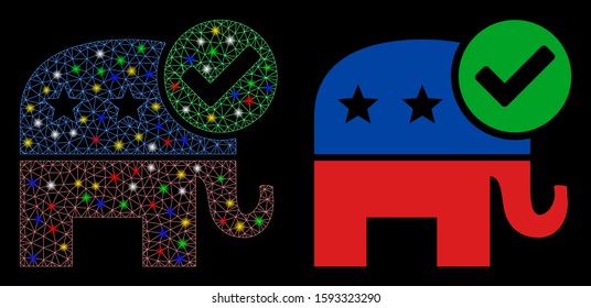 Flare mesh vote republican icon with glow effect. Abstract illuminated model of vote republican. Shiny wire frame triangular network vote republican icon. Vector abstraction on a black background.