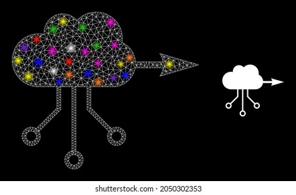 Flare mesh VPN cloud constellation icon with lightspots. Illuminated vector model based on VPN cloud icon. Sparkle frame mesh VPN cloud on a black background. Wire frame 2D mesh in vector format.