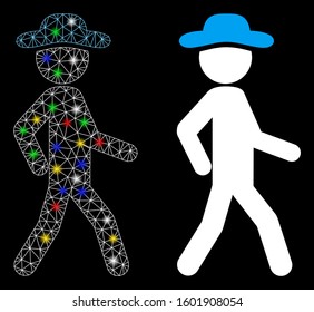 Flare mesh walking gentleman icon with glow effect. Abstract illuminated model of walking gentleman. Shiny wire frame polygonal mesh walking gentleman icon. Vector abstraction on a black background.