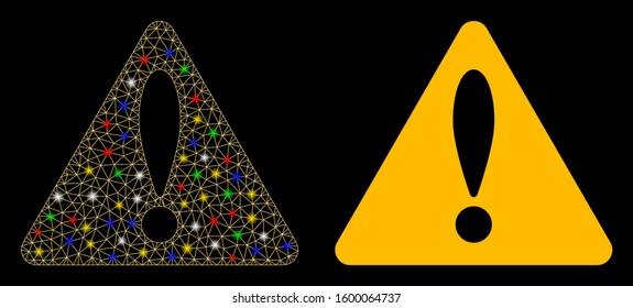 Flare mesh warning icon with glow effect. Abstract illuminated model of warning. Shiny wire carcass polygonal mesh warning icon. Vector abstraction on a black background.