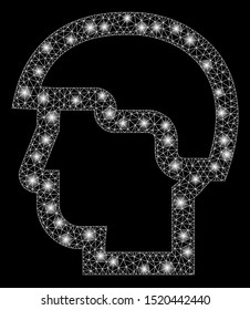 Flare mesh warrior head with sparkle effect. Abstract illuminated model of warrior head icon. Shiny wire frame triangular mesh warrior head. Vector abstraction on a black background.