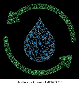 Flare mesh water treatment with sparkle effect. Abstract illuminated model of water treatment icon. Shiny wire carcass triangular mesh water treatment. Vector abstraction on a black background.