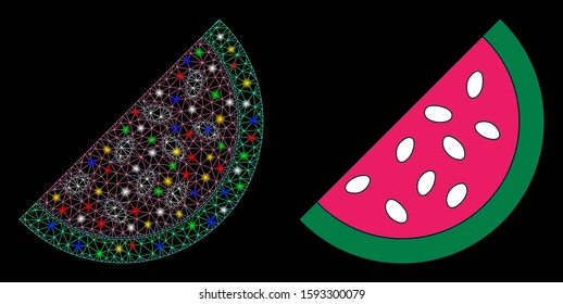 Flare mesh watermelon piece icon with lightspot effect. Abstract illuminated model of watermelon piece. Shiny wire carcass triangular mesh watermelon piece icon.