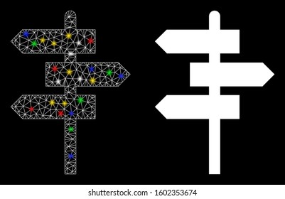 Flare mesh way pointer icon with glow effect. Abstract illuminated model of way pointer. Shiny wire carcass polygonal mesh way pointer icon. Vector abstraction on a black background.