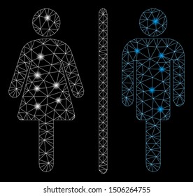 Flare mesh WC persons with glare effect. Abstract illuminated model of WC persons icon. Shiny wire carcass triangular mesh WC persons. Vector abstraction on a black background.