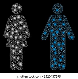 Flare mesh WC persons with glitter effect. Abstract illuminated model of WC persons icon. Shiny wire frame triangular mesh WC persons. Vector abstraction on a black background.