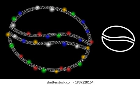 Flare mesh web cacao beans with multi colored glowing spots. Constellation vector carcass created from cacao beans pictogram. Sparkle constellation mesh cacao beans, on a black backgound.