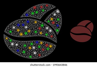 Flare mesh web coffee bean with colorful bright dots. Illuminated vector mesh created from coffee bean symbol. Sparkle constellation mesh coffee bean, on a black backgound.