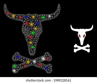 Flare mesh web dead bull bones with vibrant lightspots. Illuminated vector mesh created from dead bull bones icon. Sparkle carcass mesh dead bull bones, on a black backgound.