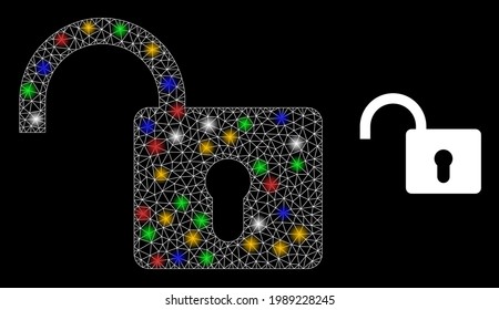 Flare mesh web open lock with colored light spots. Illuminated vector mesh created from open lock symbol. Sparkle carcass mesh open lock, on a black backgound.
