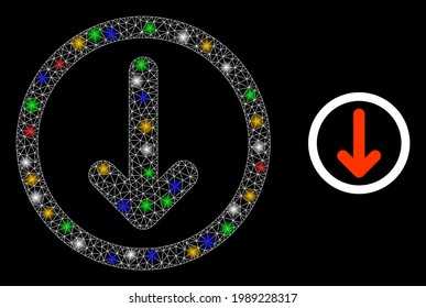 Flare mesh web rounded down arrow with colorful glowing spots. Constellation vector carcass created from rounded down arrow symbol. Sparkle carcass wired rounded down arrow, on a black backgound.