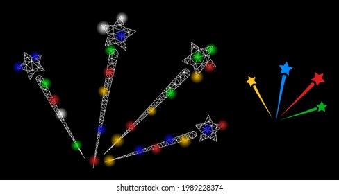 Flare mesh web salute stars with multicolored flash nodes. Constellation vector model created from salute stars symbol. Sparkle constellation mesh salute stars, on a black backgound.