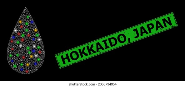 Flare Mesh-Wassertropfen mit farbigen, hellen Punkten und Grunge Hokkaido, Japan-Siegel. Grüne Stempelrobbe hat Hokkaido, Japan Text im gerahmten Rechteck.