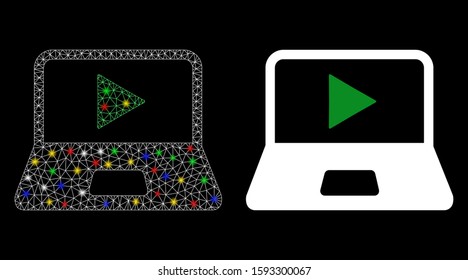 Flare mesh webcast laptop icon with glow effect. Abstract illuminated model of webcast laptop. Shiny wire frame triangular network webcast laptop icon. Vector abstraction on a black background.